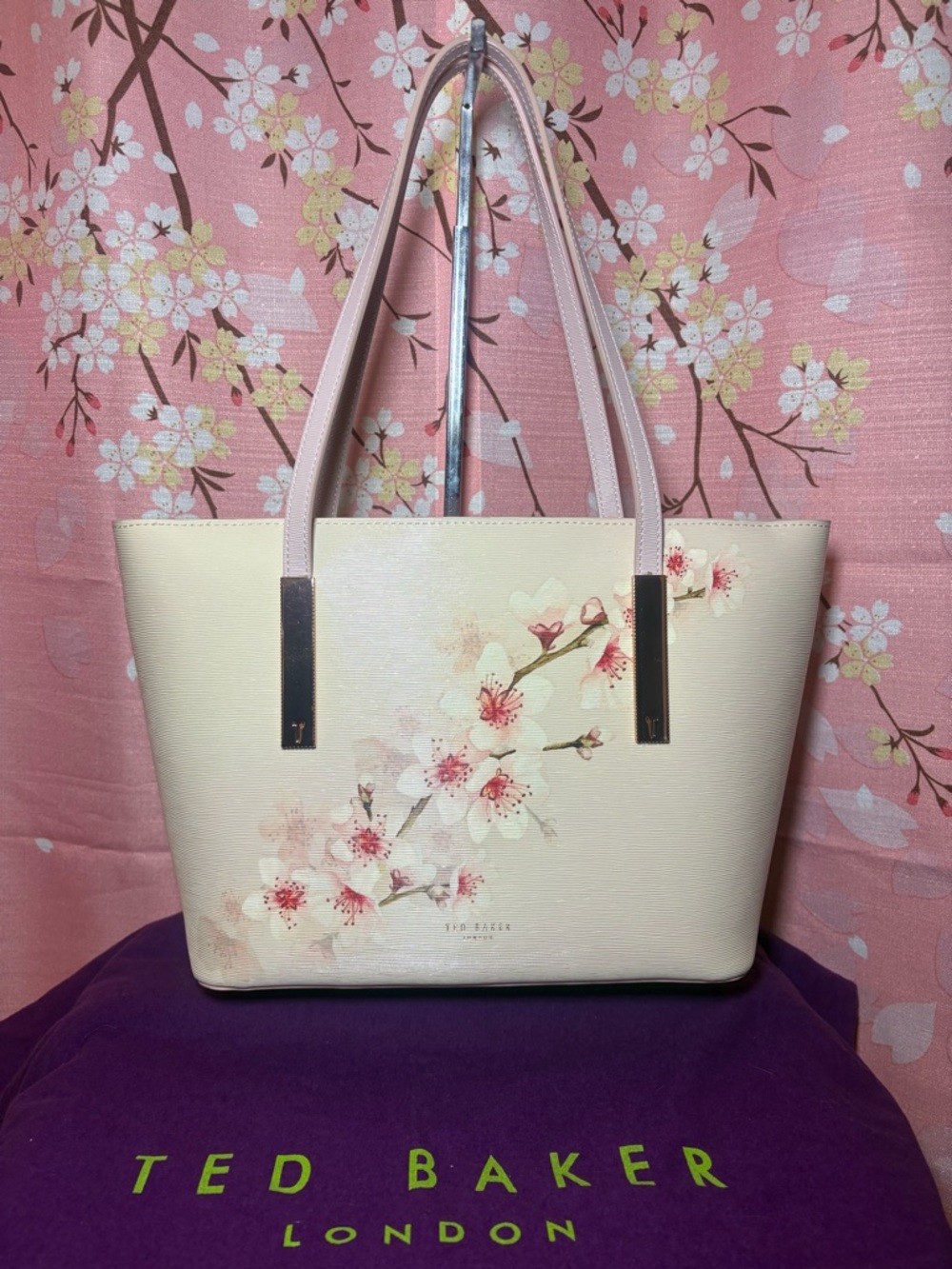 Ted Baker Oriental Cherry Blossom Genuine Leather Pink Tote Bag
